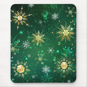 Alfombrilla De Ratón Xmas copos de nieve dorados sobre fondo verde