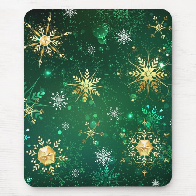 Alfombrilla De Ratón Xmas copos de nieve dorados sobre fondo verde (Frente)