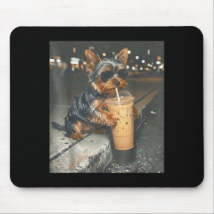 Alfombrilla De Ratón Yorkie bebiendo café helado meme divertido de anim