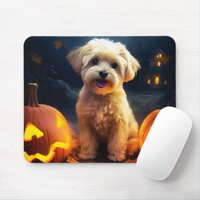 Alfombrilla De Ratón Yorkipoo de Halloween con calabazas temerosas (Con ratón)