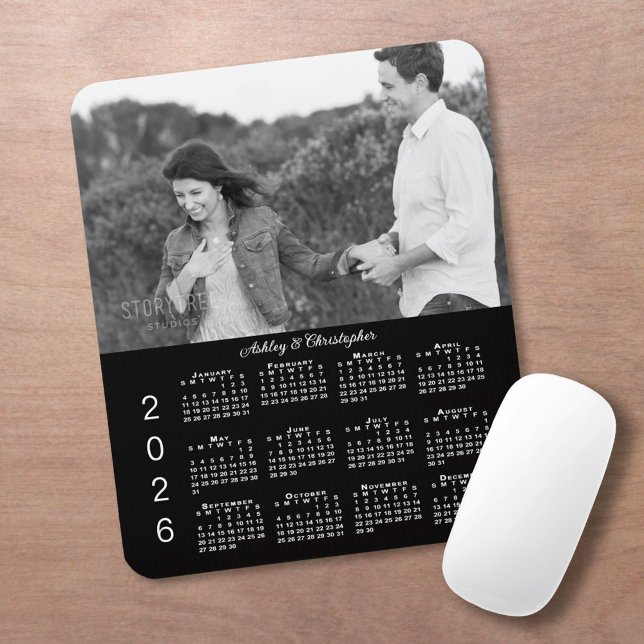 Alfombrilla De Ratón Your Photo Names Personalized Black 2026 Calendar (Your Photo Names Personalized Black 2026 Calendar Mouse Pad, in situ)