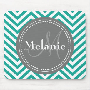 Alfombrilla De Ratón Zigzag azul y gris Verde azulado monogramado