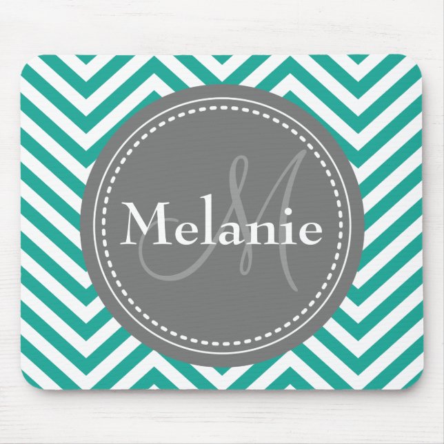 Alfombrilla De Ratón Zigzag azul y gris Verde azulado monogramado (Frente)