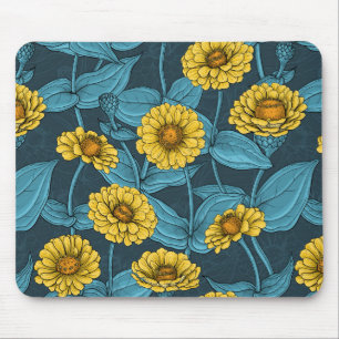 Alfombrilla De Ratón Zinnias amarillas en azul oscuro