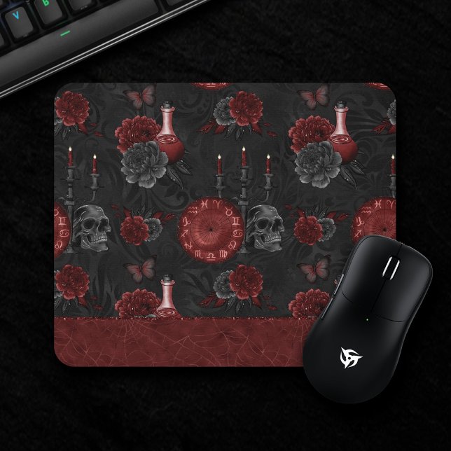 Alfombrilla De Ratón Zodiac Magic | Poción Henna Red Gothic Skull Rosas (Subido por el creador)