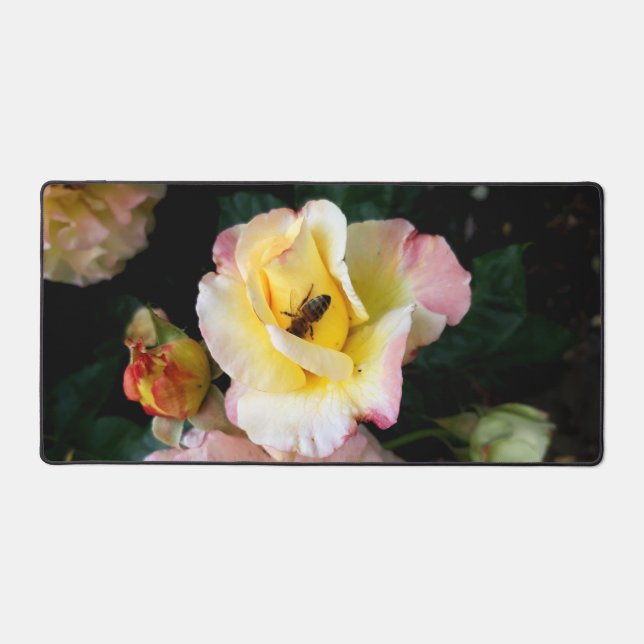 Alfrombrillas De Escritorio Abejas con flores de rosas amarillas rosas (Anverso)