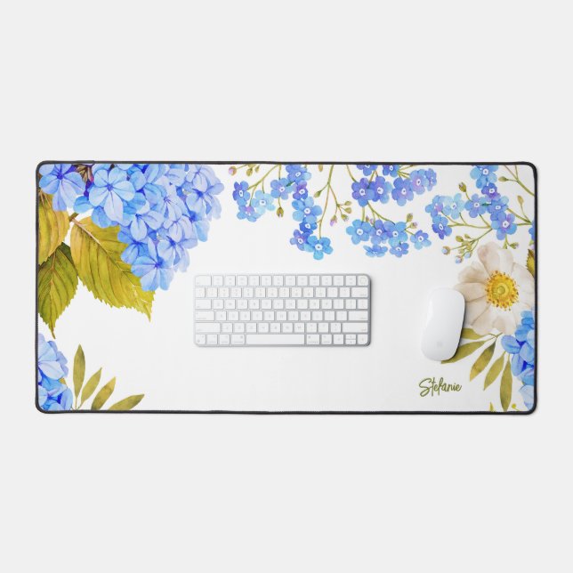 Alfrombrillas De Escritorio Acuarela Azul Hidrangeas Floral Personalizada (Teclado y ratón)