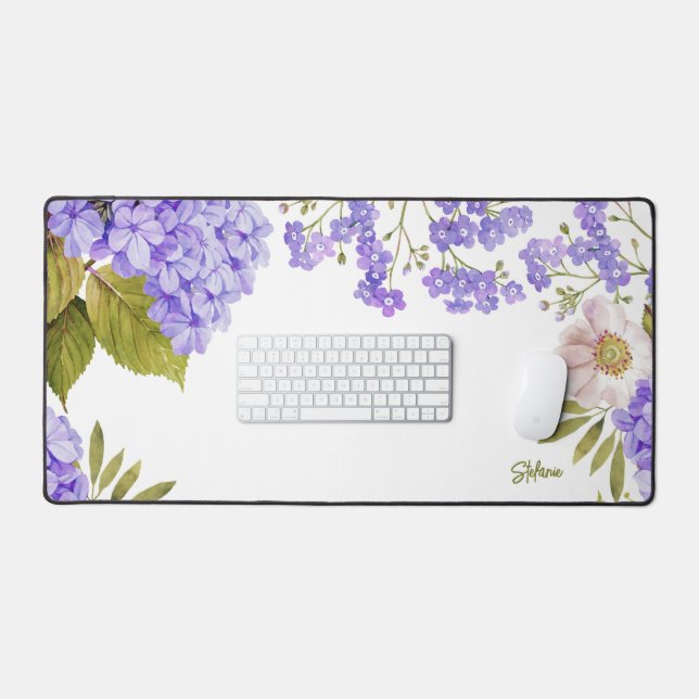 Alfrombrillas De Escritorio Acuarela Púrpura Hidrangeas Floral Personalizada (Teclado y ratón)
