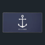 Alfrombrillas De Escritorio Anclaje azul de la Marina Náutica y nombre persona<br><div class="desc">Moderna almohadilla de ratón náutica Minimalista con ancla blanca con nombre personalizado en sans modernos blancos estilo de letra serif sobre fondo azul marino.</div>