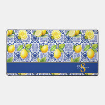 Azulejo Limón Azul Blanco Patrón Monograma Nombre