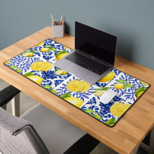 Alfrombrillas De Escritorio Azulejo Patrón Limón Blanco Azul Mediterráneo Cítr
