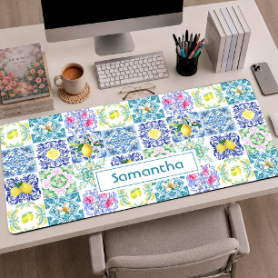 Alfrombrillas De Escritorio Azulejo siciliano azul blanco chic patrón de limón