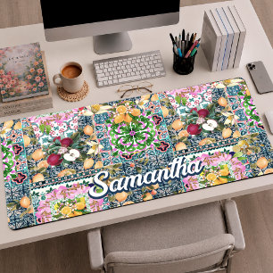 Alfrombrillas De Escritorio Azulejos florales cítricos sicilianos azules y ros