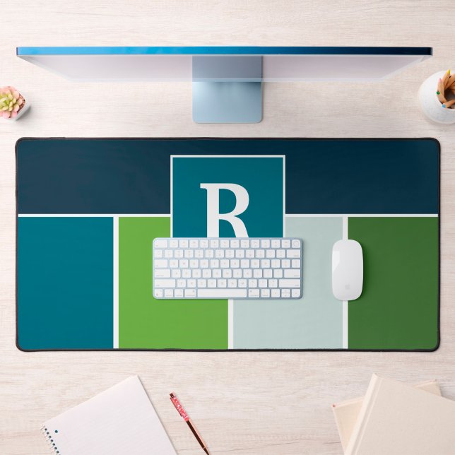 Alfrombrillas De Escritorio Bandas grandes en azul y verde con monograma (Desk mat with monogram in blue and green)
