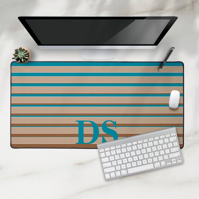 Alfrombrillas De Escritorio Bandas horizontales Monograma marrón y azul (desk mat with stripes in blue and brown with monogramm)