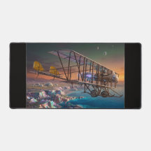 Biplano futurista steampunk sobre mundo alienígena