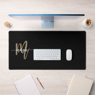 Alfrombrillas De Escritorio Black Gold Modern Script Girly Monograma Nombre