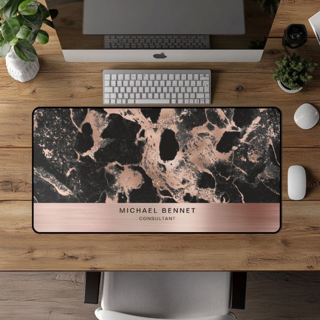 Alfrombrillas De Escritorio Black Marble Faux Rosa Gold Metallic Business (Black Marble Faux Rose Gold Metallic Business Desk Mat)