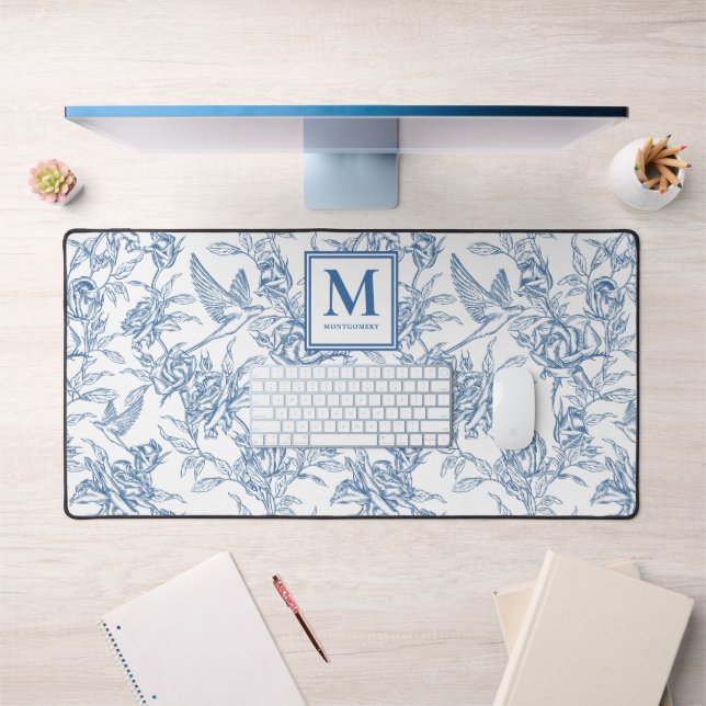 Alfrombrillas De Escritorio Blue French Toile Monogram Name (Oficina 1)
