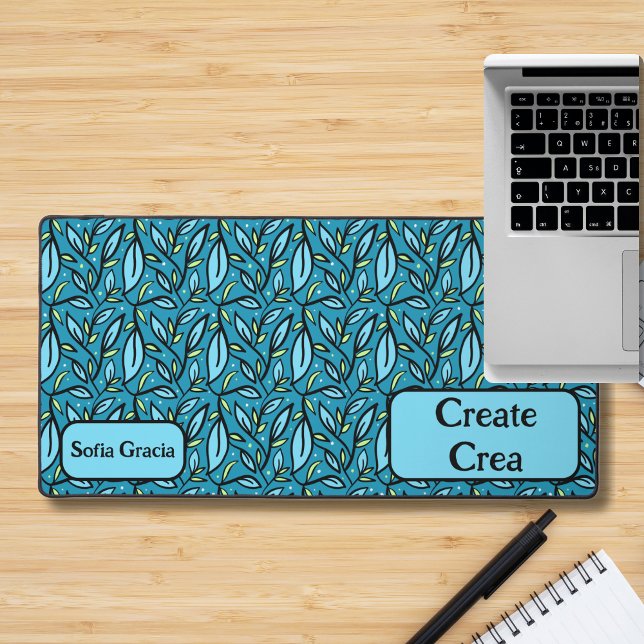 Alfrombrillas De Escritorio Blue Leaves Bilingual Create/Crea & Name Desk Mat (Bilingual text & custom Name desk mat. blue leaves, multilingual project)