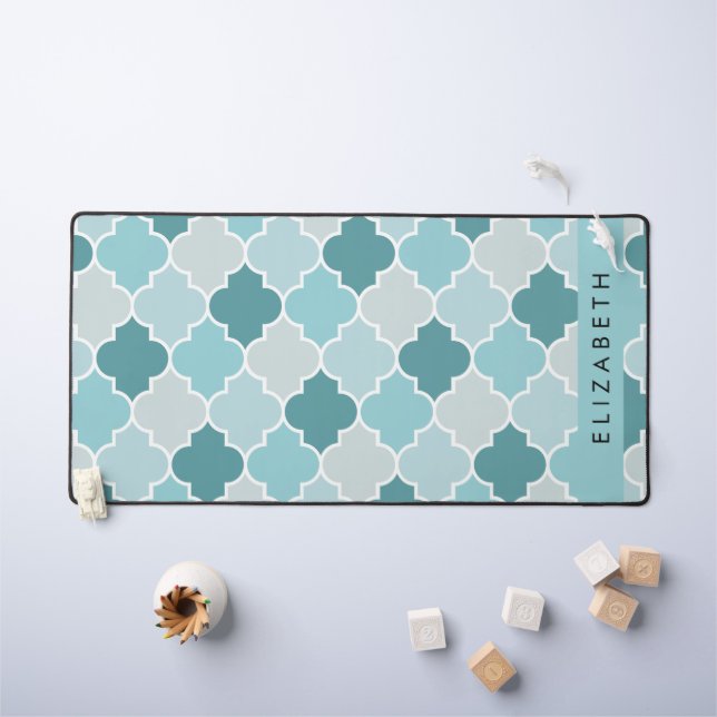 Alfrombrillas De Escritorio Blue Moroccan Trellis, Quatrefoil, tu nombre (Mesa para niños)