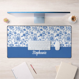 Alfrombrillas De Escritorio Blue White Vintage Floral Personalized Name