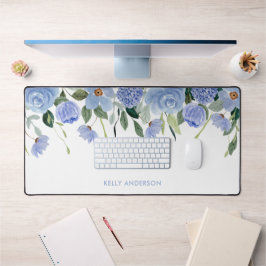 Alfrombrillas De Escritorio Borde acuarela floral azul monograma elegante