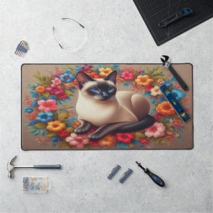 Alfrombrillas De Escritorio Borde floral colorido de gato siamés decorativo