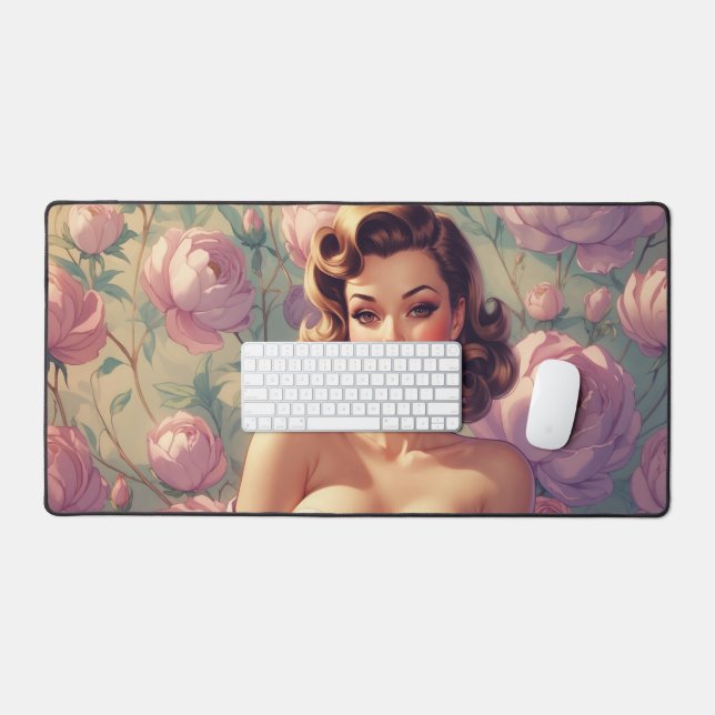 Alfrombrillas De Escritorio Brunette Pin Up Pastel Flowers (Teclado y ratón)