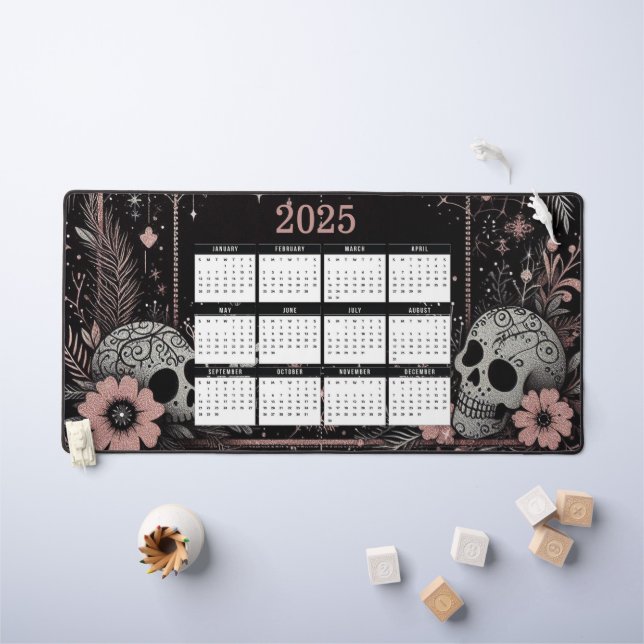 Alfrombrillas De Escritorio Calendario 2025 con flores y cráneos (Mesa para niños)