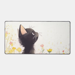 Alfrombrillas De Escritorio Charming Watercolor Black Cat Yellow Wildflower