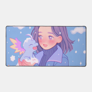 Alfrombrillas De Escritorio Chica de anime de Kawaii con bebé dragón en nieve