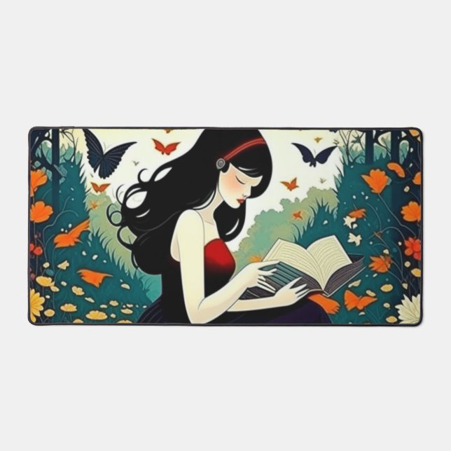 Alfrombrillas De Escritorio Chica leyendo libro romántico, pájaros, hojas, bos (Anverso)