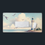 Alfrombrillas De Escritorio Coastal Lighthouse Seagulls Pastel Sky Serenity<br><div class="desc">A serene coastal scene captures a graceful lighthouse standing tall beside calm waters as soft clouds drift across a pastel sky. Gentle seagulls glide through the air, adding movement and life to the tranquil horizon, while muted blues, creams, and sandy tones create a soothing, dreamy palette. This artwork evokes a...</div>