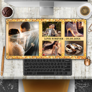 Alfrombrillas De Escritorio Collage de fotos Boda Purpurina dorado