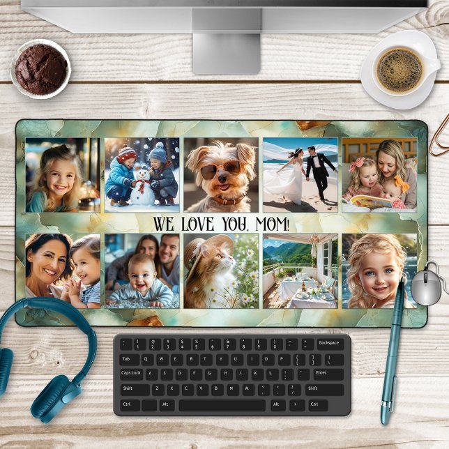 Alfrombrillas De Escritorio Collage de fotos Geode Mineral Art (Desk mat featuring 10 custom photos framed by a green/turquoise ocher geode mineral design - mom)