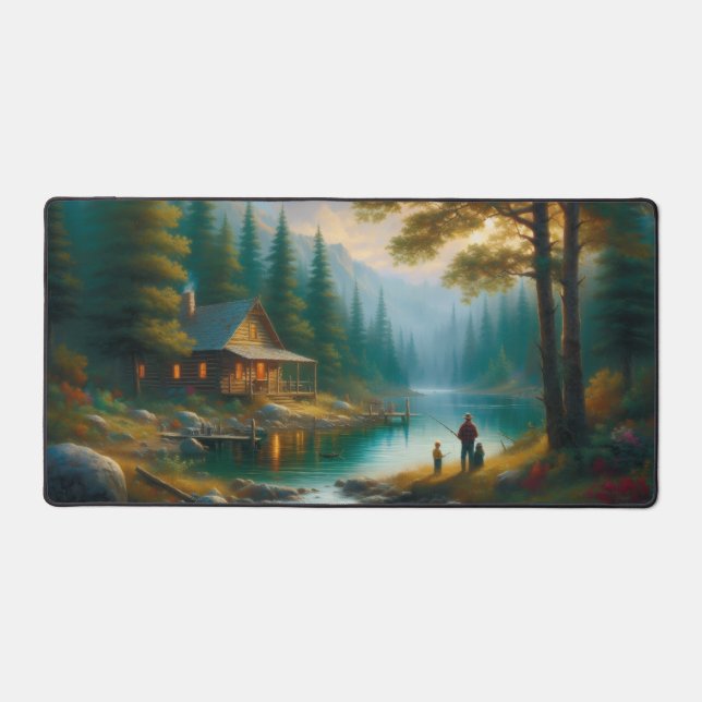 Alfrombrillas De Escritorio Cozy Lakeside Cabin Family Fishing Woodland  (Anverso)