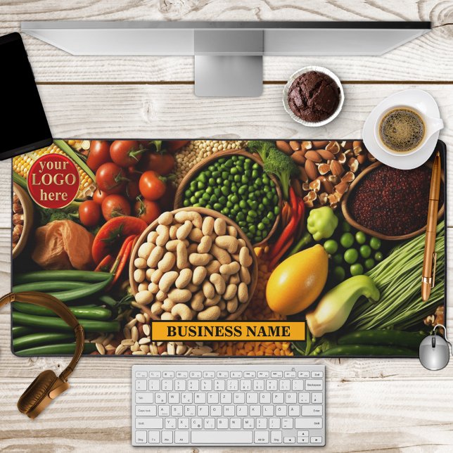 Alfrombrillas De Escritorio Cultivos de hortalizas Cultivos de alimentos Agric (Desk mat featuring an illustration of vegetables and nuts. With easily to replace logo template)