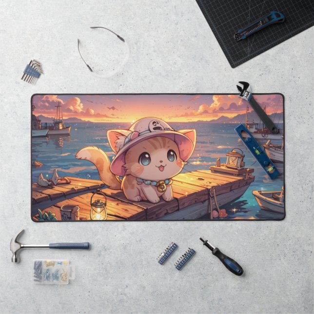 Alfrombrillas De Escritorio Cute Chibi Kitten at the Harbor Sunset – Whimsical (Puesto de trabajo)