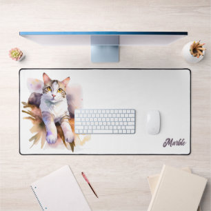 Alfrombrillas De Escritorio Dulce Gato Blanco Ilustración Acuarela