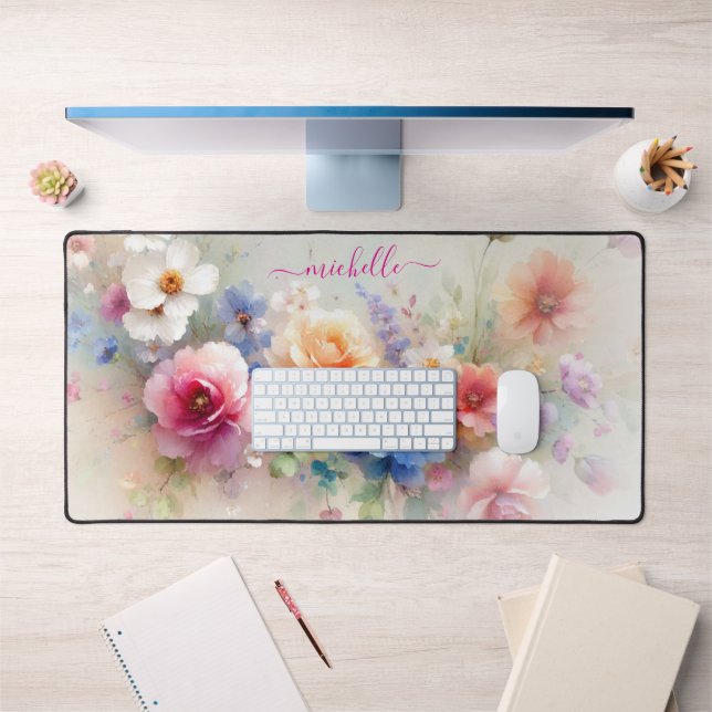 Alfrombrillas De Escritorio Elegant Watercolour Flowers Custom Name Text (Oficina 1)