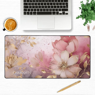 Alfrombrillas De Escritorio Elegante Flores De Oro Rosado Nombre Personalizado