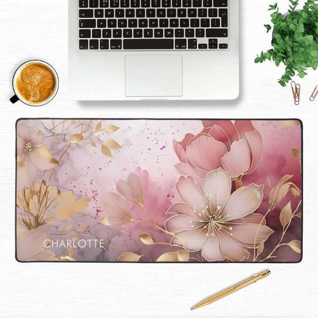 Alfrombrillas De Escritorio Elegante Flores De Oro Rosado Nombre Personalizado (Subido por el creador)