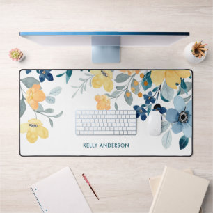 Alfrombrillas De Escritorio Elegante Monograma amarillo y azul acuarela floral