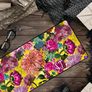Alfrombrillas De Escritorio Elegante monograma floral amarillo vintage