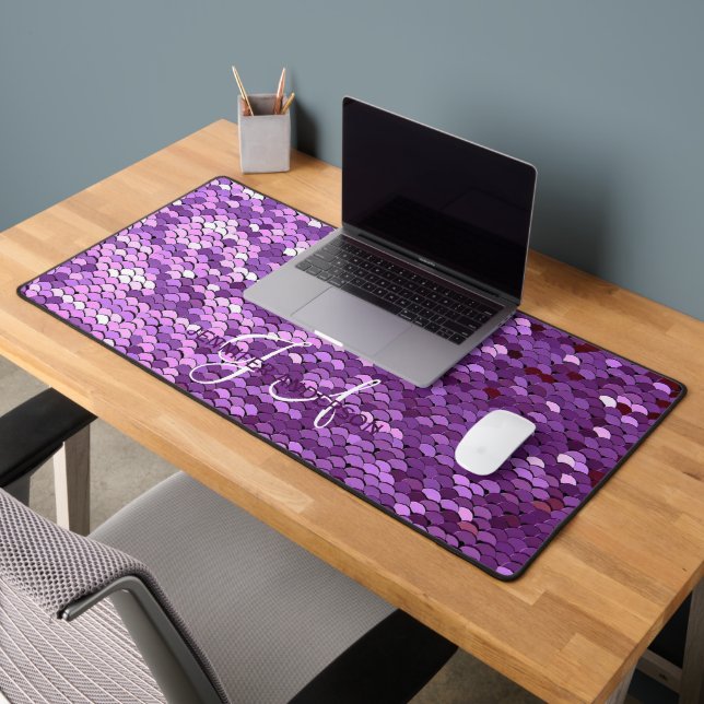 Alfrombrillas De Escritorio Elegante Monogramado inicial Purple Sequin Desk Ma (Oficina 2)