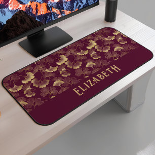 Alfrombrillas De Escritorio Elegante patrón de Ginkgo Monograma Nombre Burgund