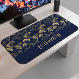 Alfrombrillas De Escritorio Elegante patrón de ginkgo nombre azul marino dorad