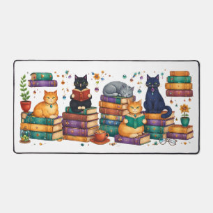 Alfrombrillas De Escritorio Escena de biblioteca acogedora con gatos leyendo l