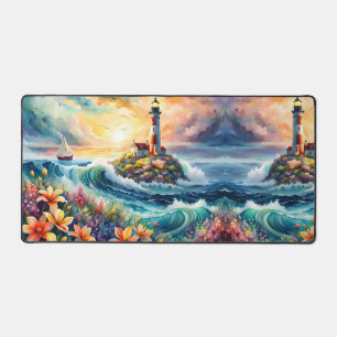 Alfrombrillas De Escritorio Faro Marítimo Barco Floral Belleza Acuarela